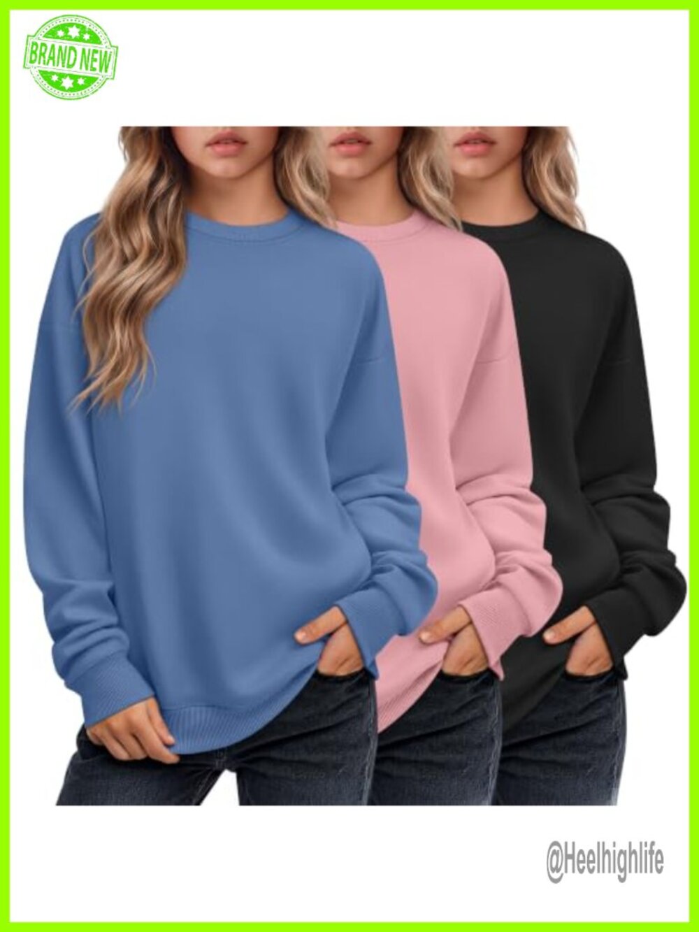Girls Long Sleeve Sweatshirts 3 Pack Pullover Crew Neck Loose Fit